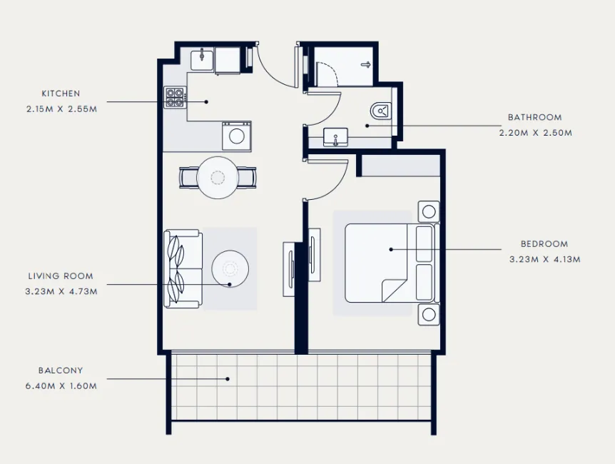 Riviera 65 1 bed floor plan, 645 sqft