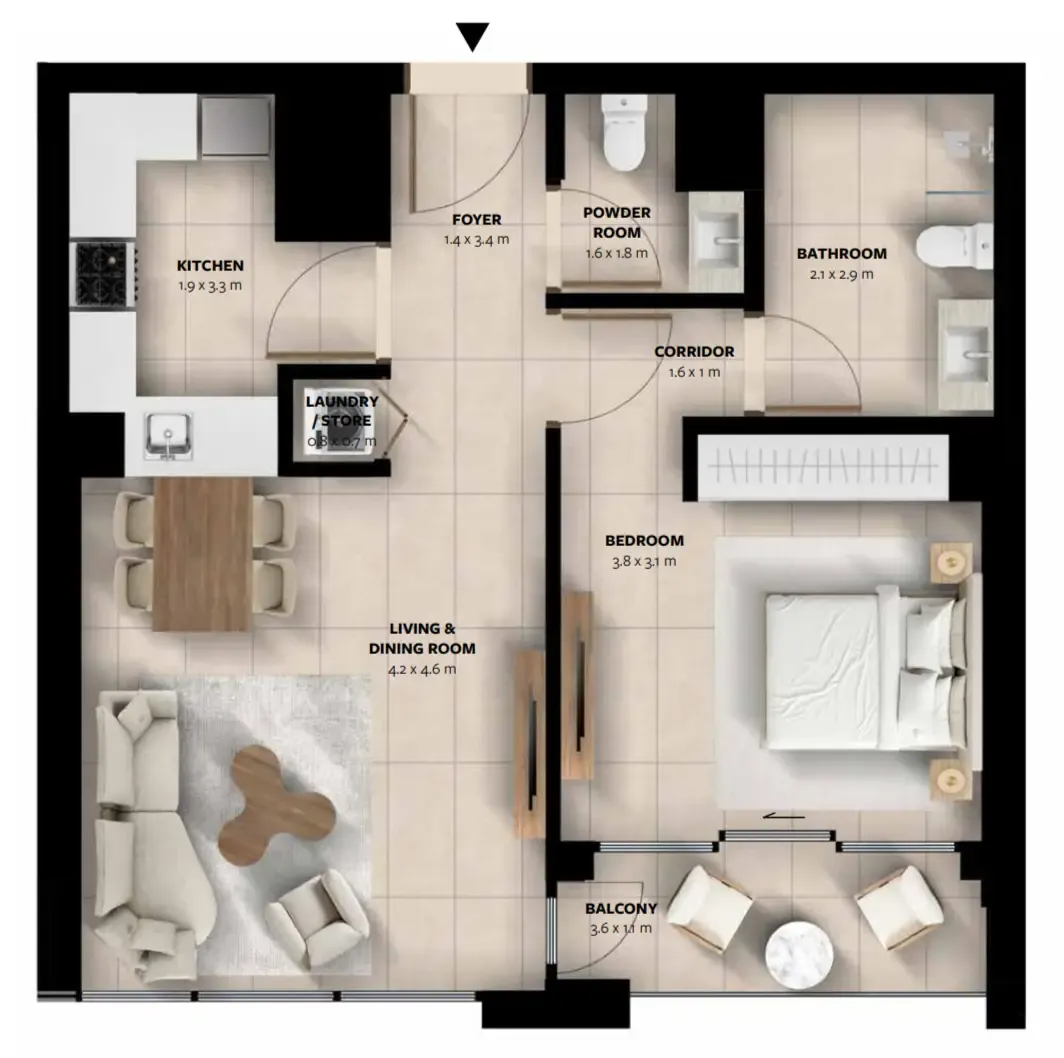 Waada Dubai South 1 bed floor plan, 748 sqft