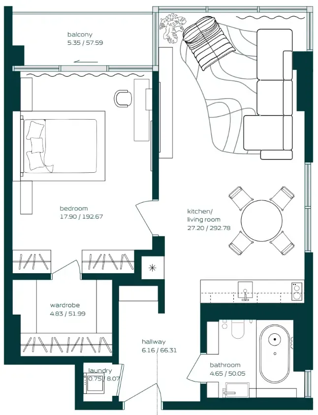 Vibe 1 bed floor plan, 806 sqft