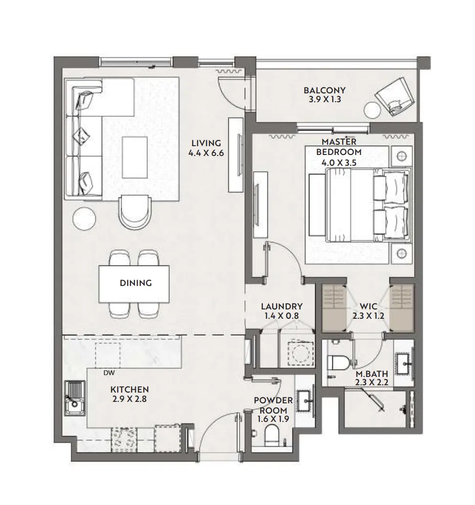 Cello by Taraf 1 bed floor plan, 888 sqft