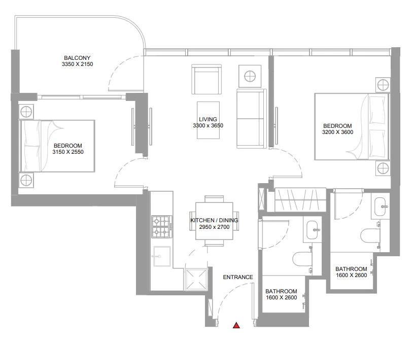 Pierside Marina Residences 2 bed floor plan, 685 – 687 sqft