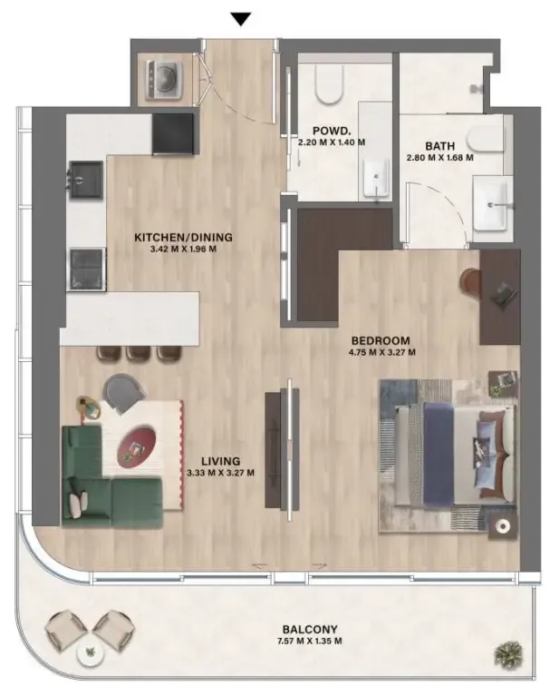 Mövenpick Residences Dubai Motor City Phase 1 1 bed floor plan, 708 sqft