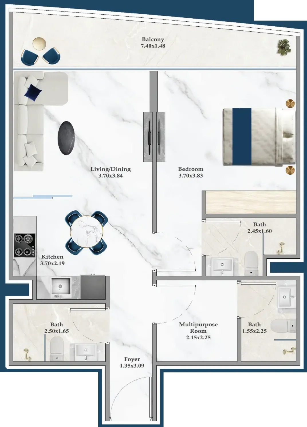 Serenz 1 bed floor plan, 716 sqft