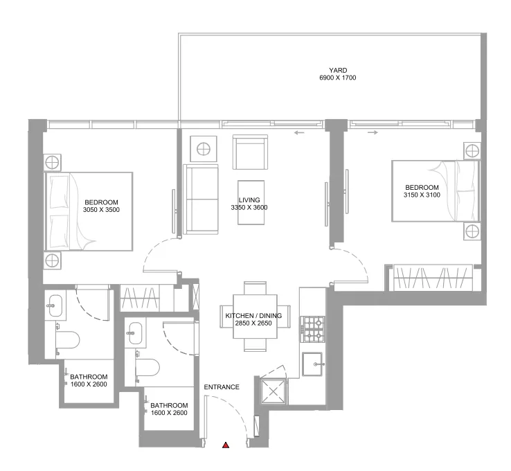Pearlside Marina Residences 2 bed floor plan, 806 sqft