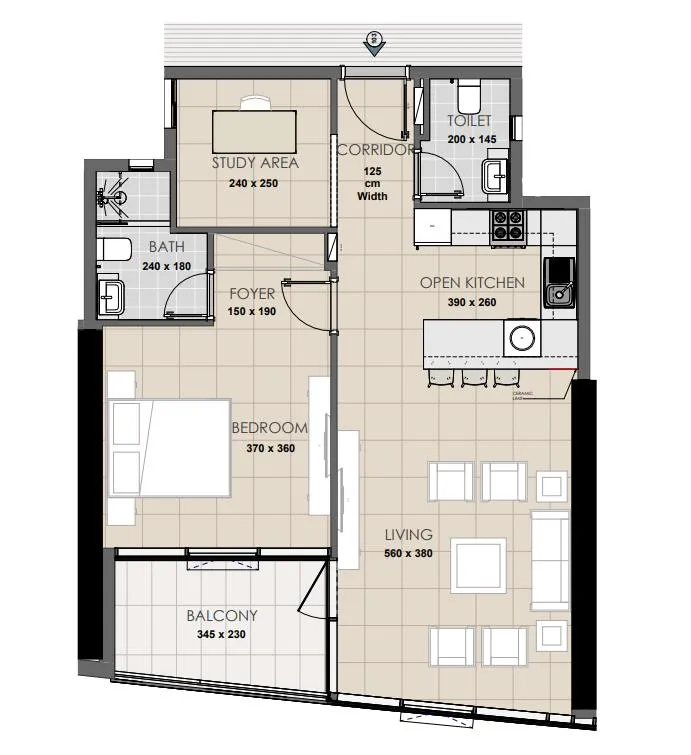 Palatium Residence 1 bed floor plan, 827 sqft