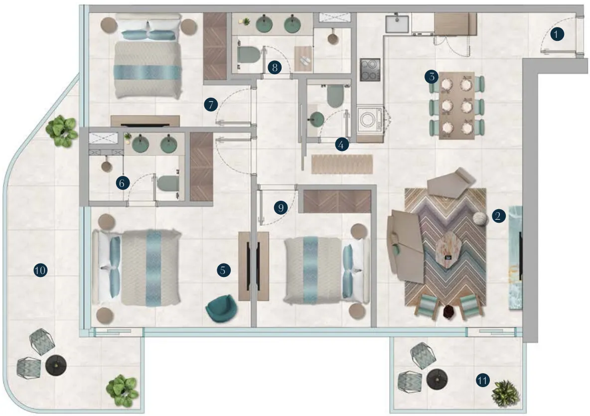 Octa Isle Interiors by Missoni 3 bed floor plan, 1,355 – 1,356 sqft