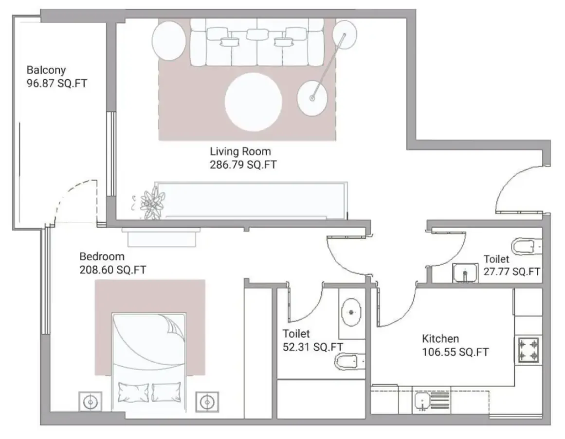 Ajman Creek Towers 1 bed floor plan, 1,235 sqft