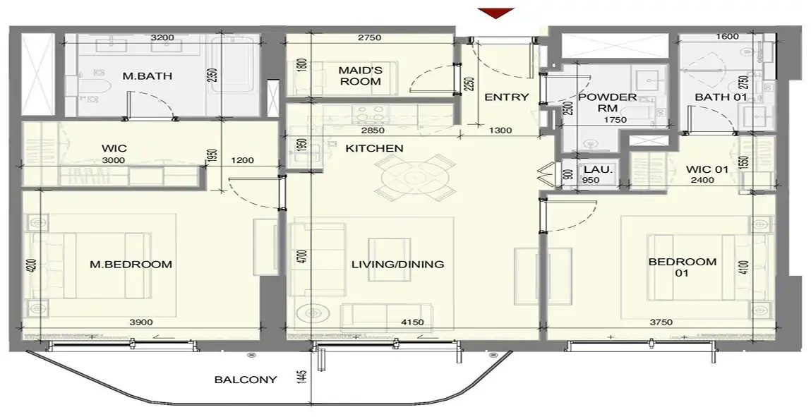 Takaya 2 bed floor plan, 1,258 sqft