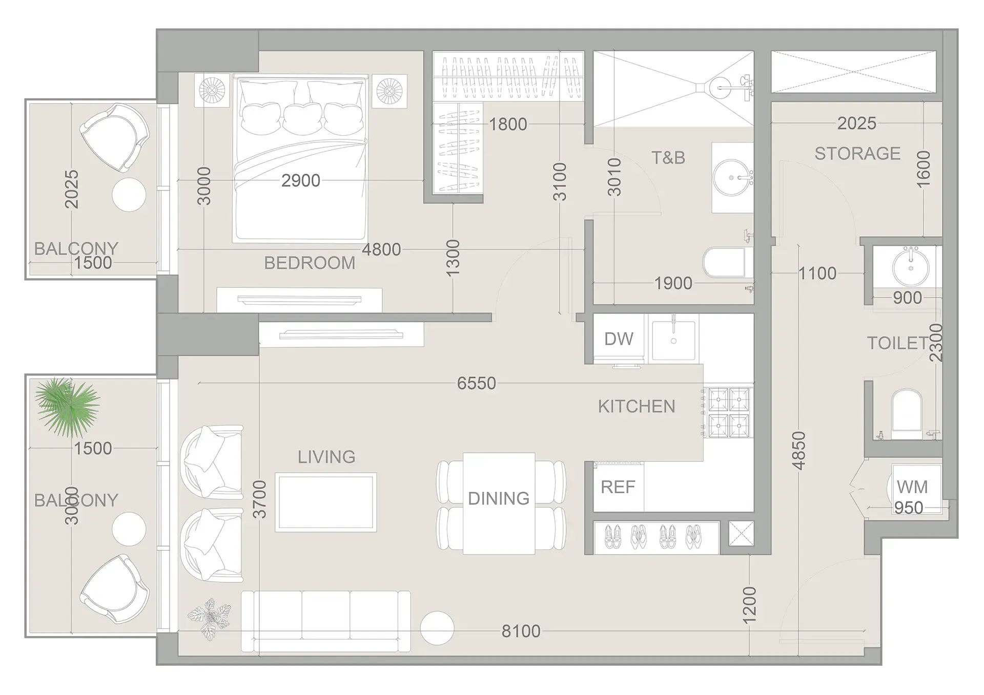 1WOOD Residence 2 1 bed floor plan, 801 sqft