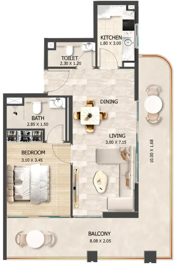 Crystal Tower by VHS 1 bed floor plan, 881 sqft