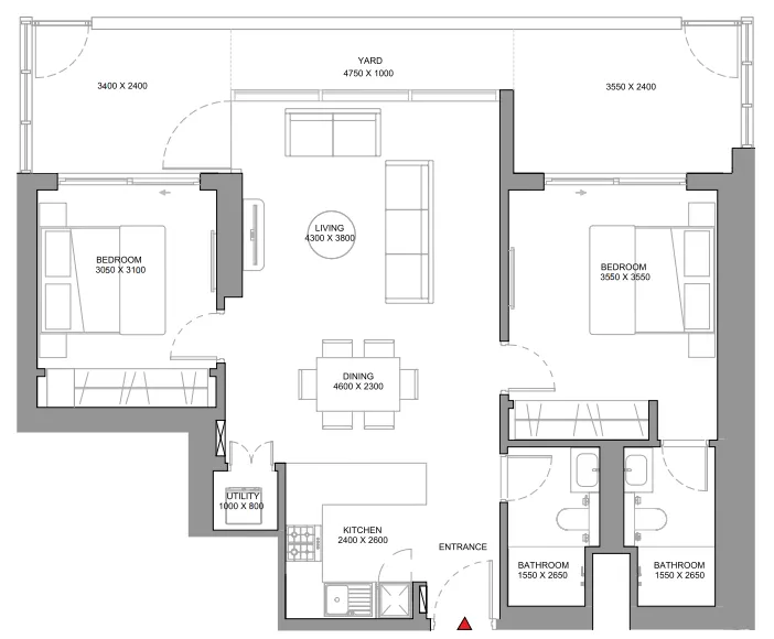 Sobha Orbis 2 bed floor plan, 1,160 sqft