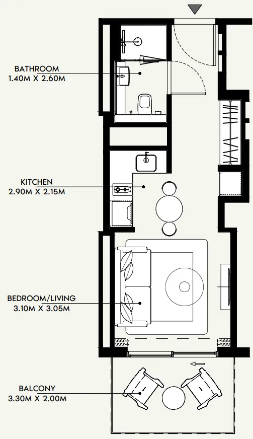 Azizi Venice Studio floor plan, 380 sqft