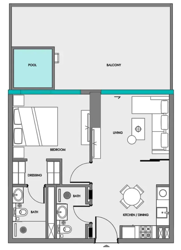 Samana Portside 1 bed floor plan, 885 sqft