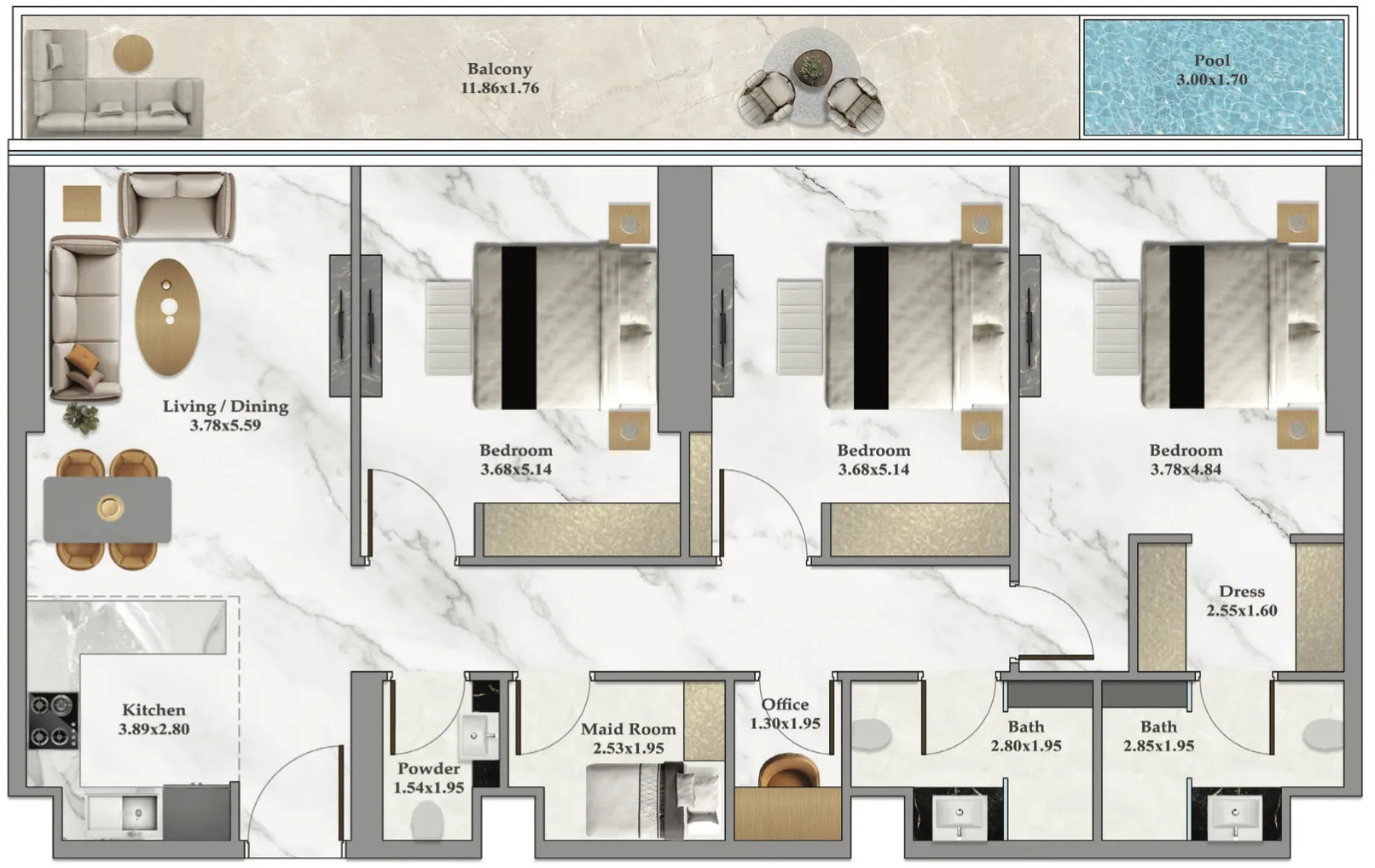 Bayz 102 3 bed floor plan, 1,615 sqft