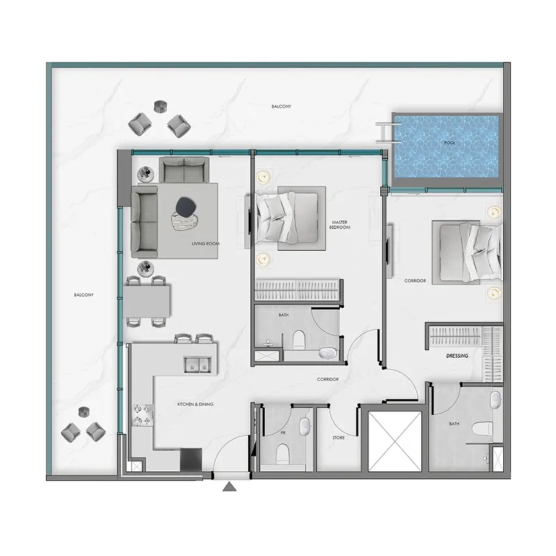 Ocean Crest 2 bed floor plan, 1,157 – 1,572 sqft