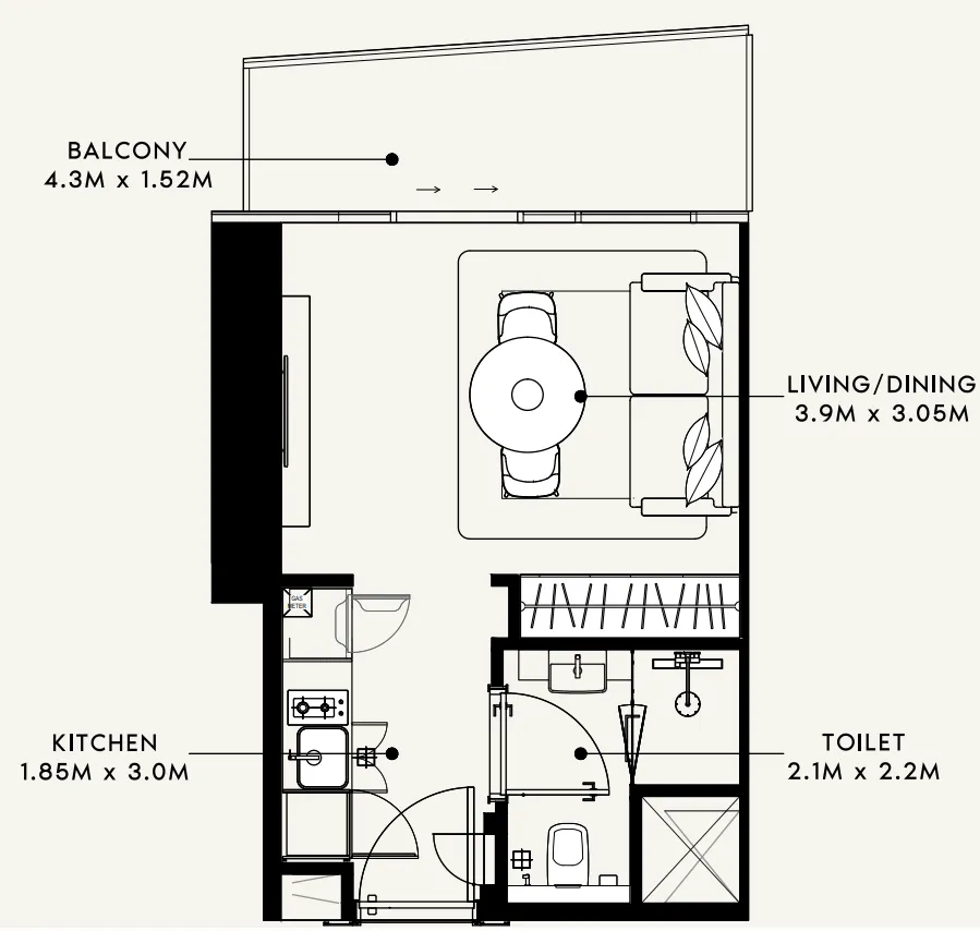 Azizi Milan Studio floor plan, 333 sqft