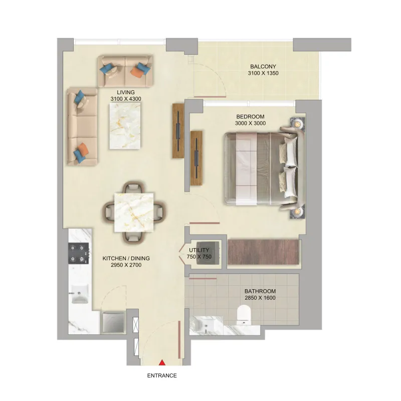 The Woods at Sobha Sanctuary 1 bed floor plan, 540 – 546 sqft