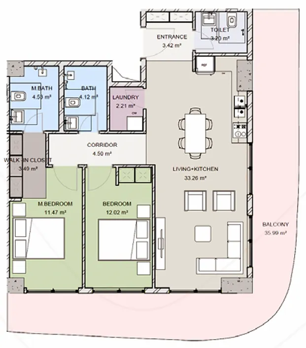 Uptown Muscat 2 bed floor plan, 1,536 – 1,727 sqft
