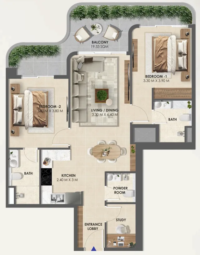 Vivida Residences 2 bed floor plan, 1,108 sqft