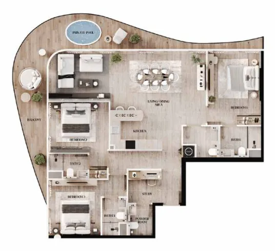 Agua Residences 3 bed floor plan, 1,678 sqft