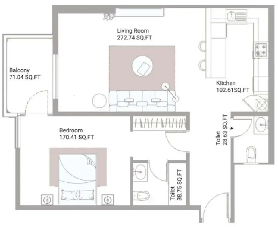 Ajman Creek Towers 1 bed floor plan, 1,135 sqft