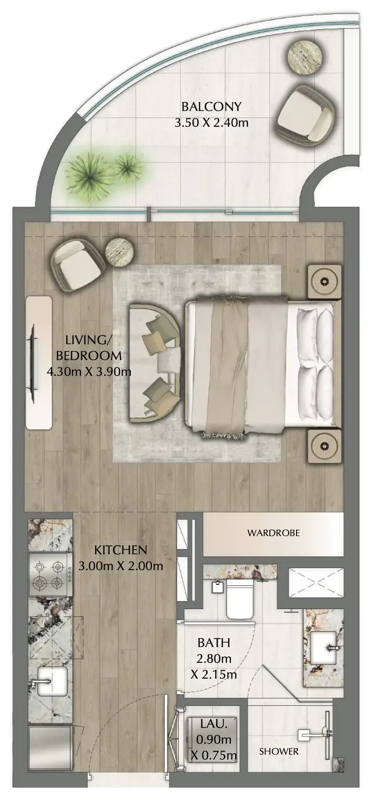 One Residence Studio floor plan, 470 sqft