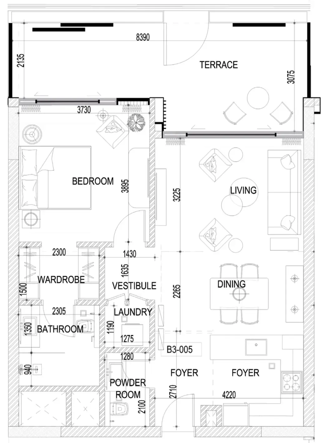 Naseem Al Jurf 1 bed floor plan, 969 sqft