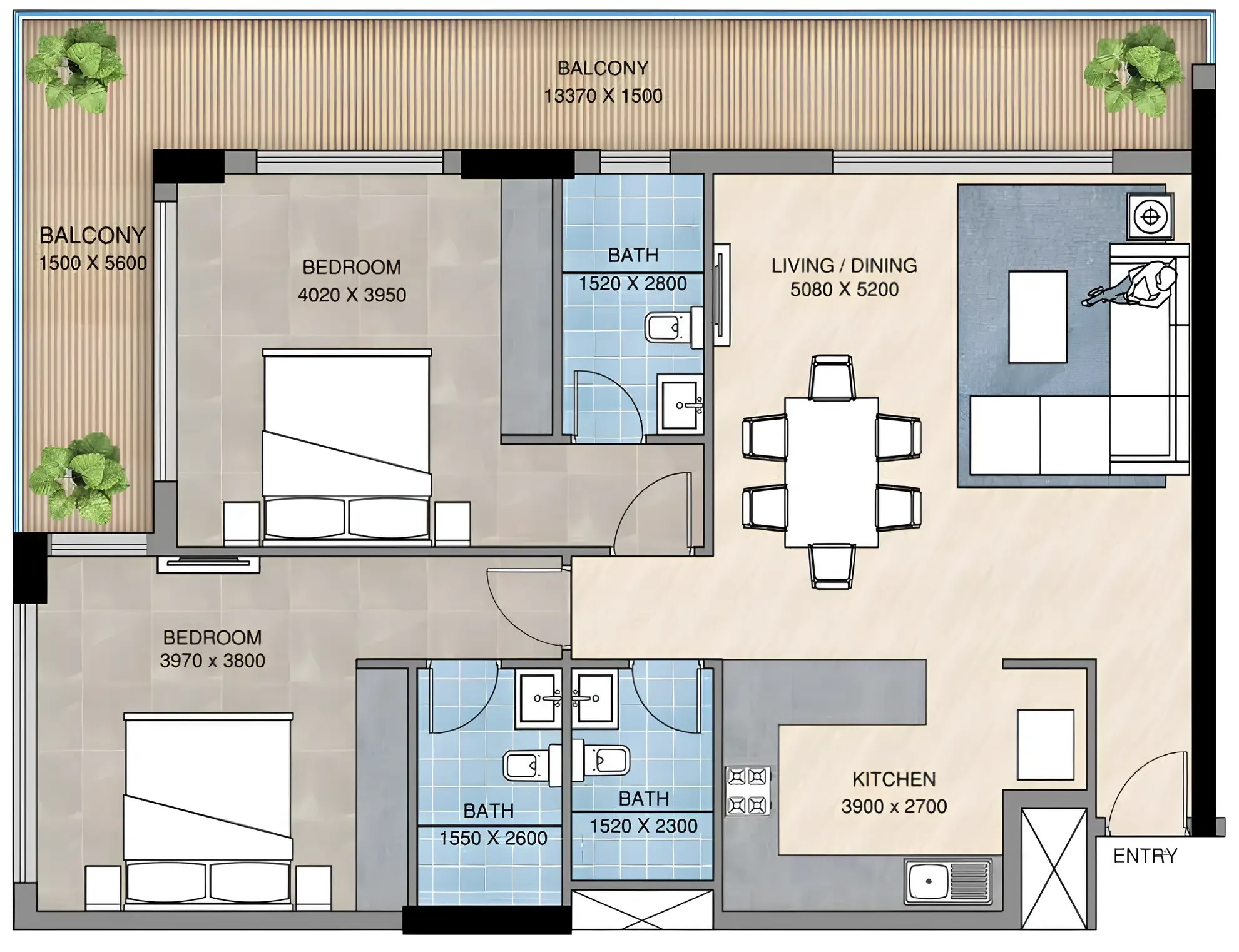 Sunbliss Residences 2 bed floor plan, 1,297 sqft