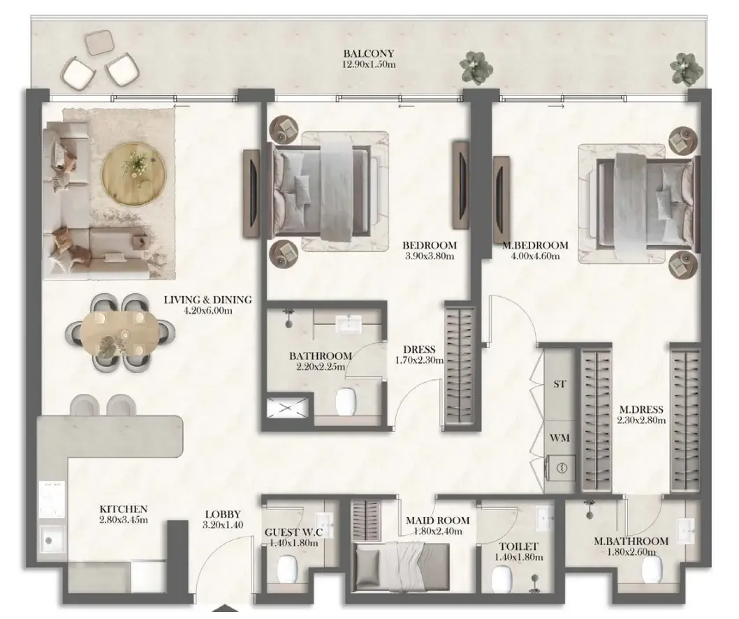 Rotana Residences North Tower 2 bed floor plan, 1,422 sqft
