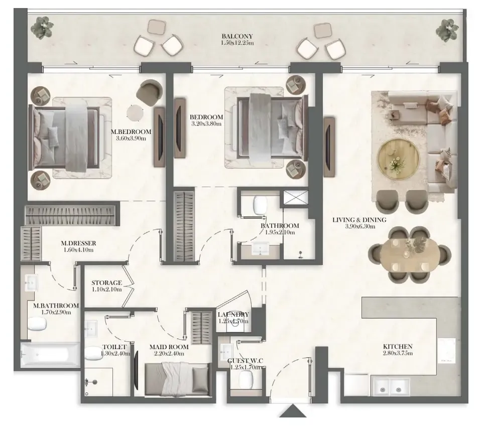 Rotana Residences South Tower 2 bed floor plan, 1,410 sqft