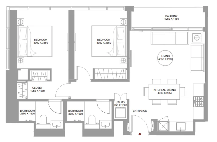 Canalside Marina Residences 2 bed floor plan, 893 sqft