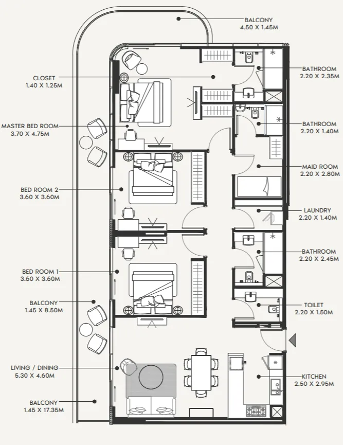 Azizi Amir 3 bed floor plan, 1,845 sqft