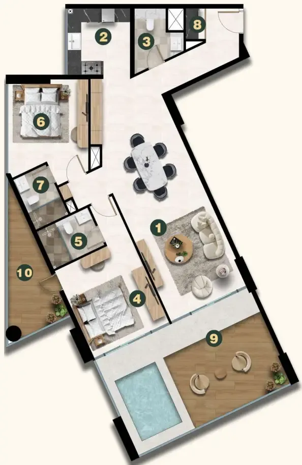 Golf Terrace Residences 2 bed floor plan, 1,713 sqft