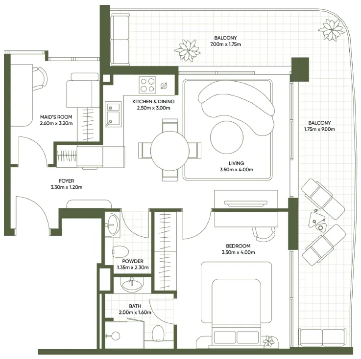 Olivia Gardens 1 bed floor plan, 935 sqft
