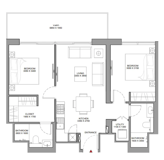 Florine Beach Residences 2 bed floor plan, 906 sqft
