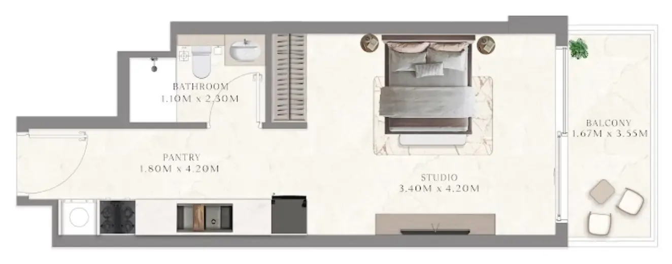 Aum 99 Residences Studio floor plan, 381 sqft