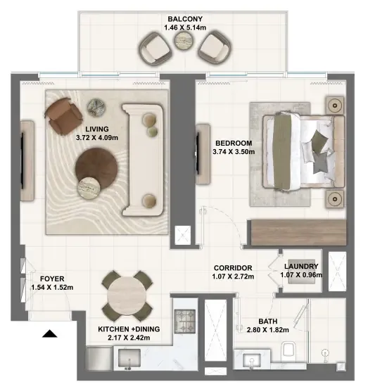 Silva Dubai Creek Harbour 1 bed floor plan, 740 sqft