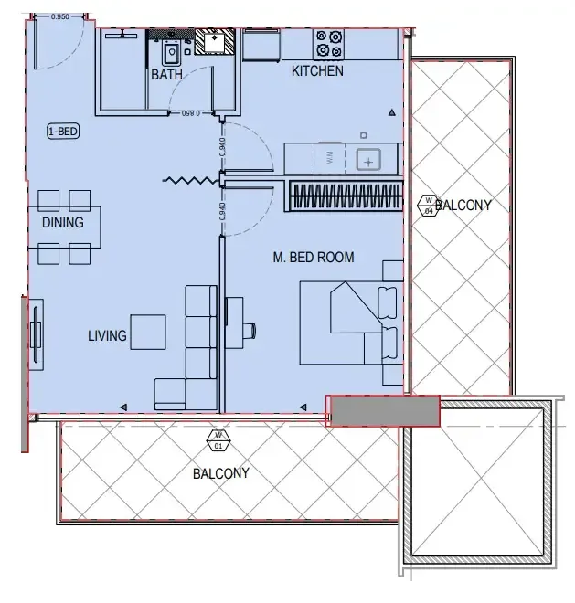 Binghatti Apex 1 bed floor plan, 906 sqft