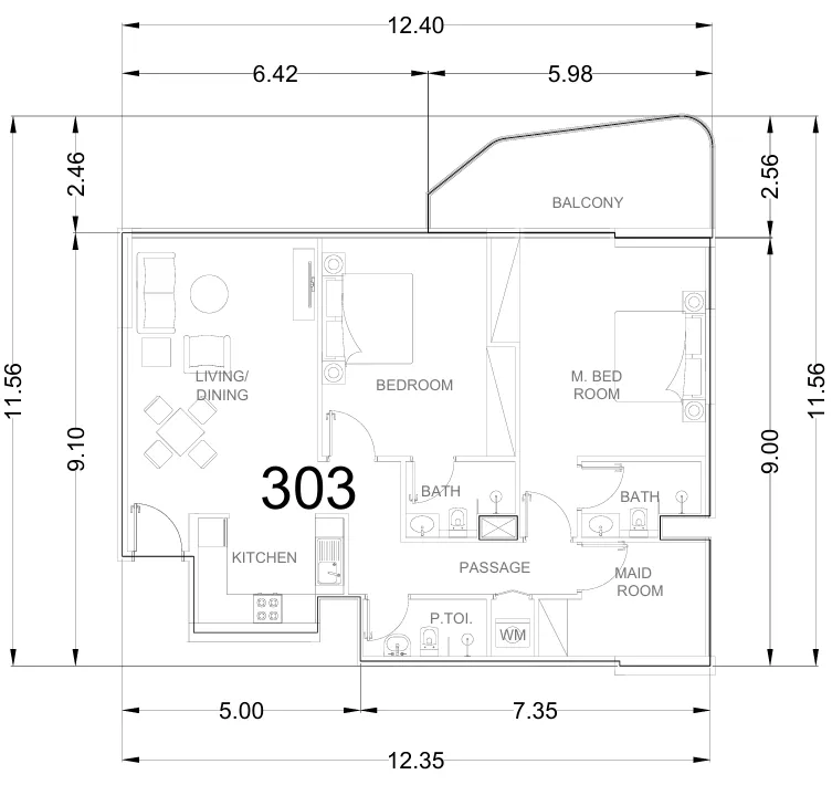 Whitecliffs Residences 2 bed floor plan, 1,252 sqft