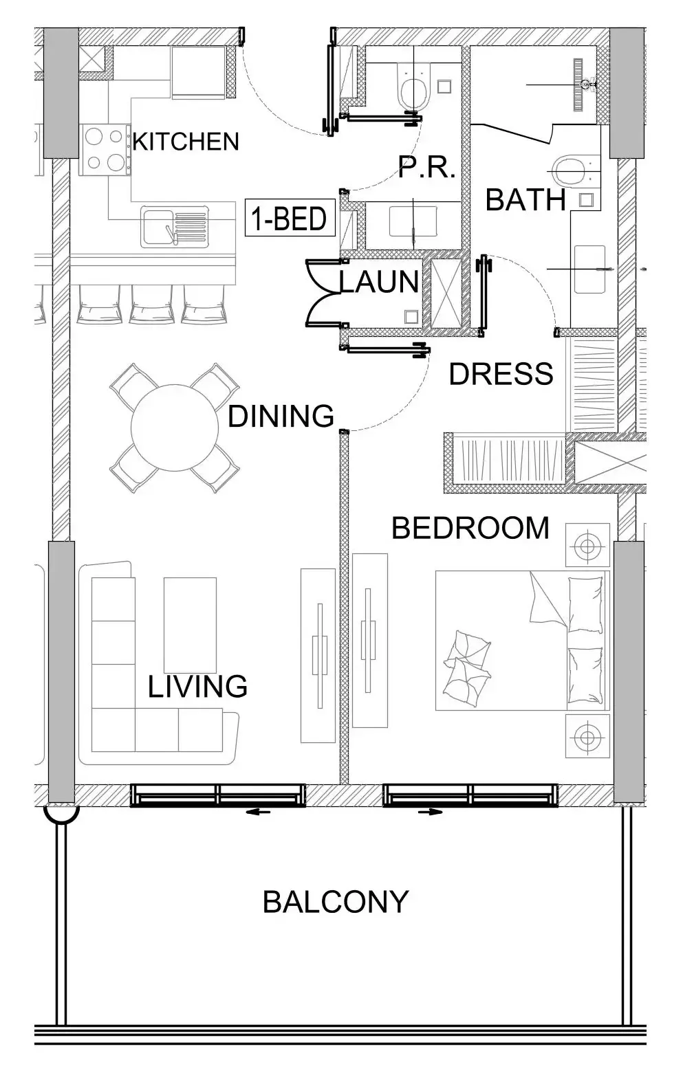 Valencia 1 bed floor plan, 786 – 824 sqft