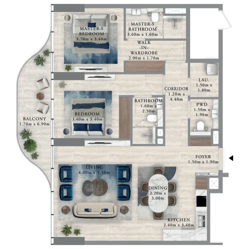 Royal Yacht Club Residence 2 bed floor plan, 1,184 sqft