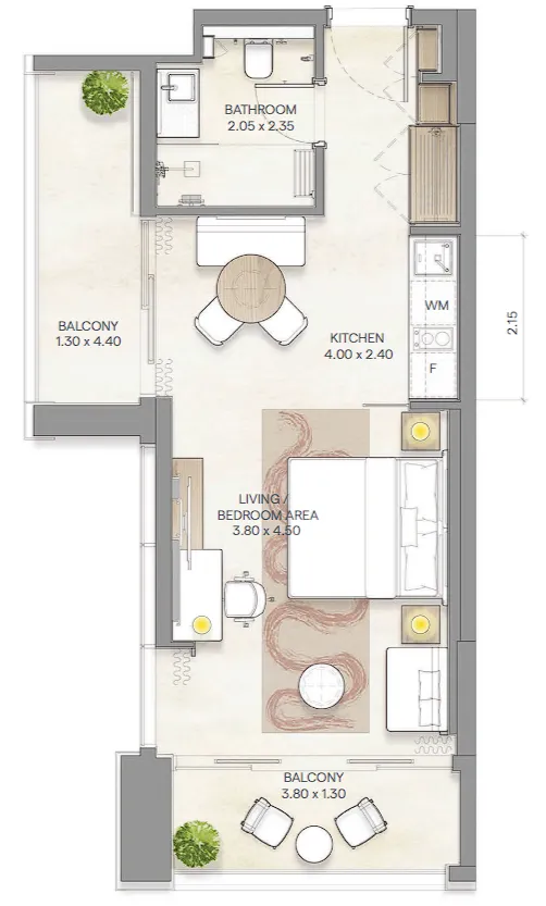Bloom Arjaan by Rotana  Studio floor plan, 563 sqft