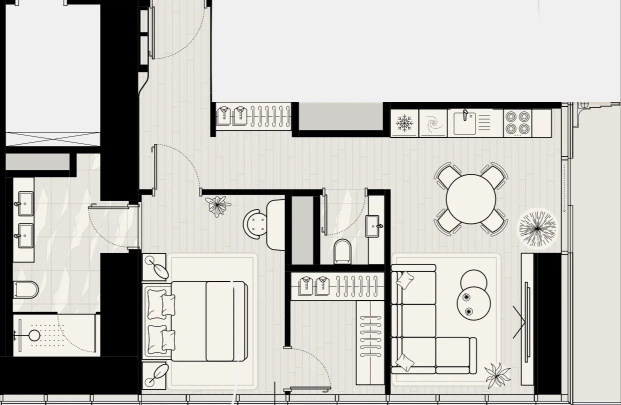 Iconic Tower 1 bed floor plan, 871 sqft