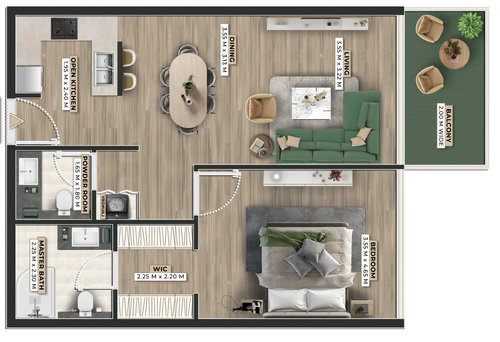 Firoza 1 bed floor plan, 810 sqft