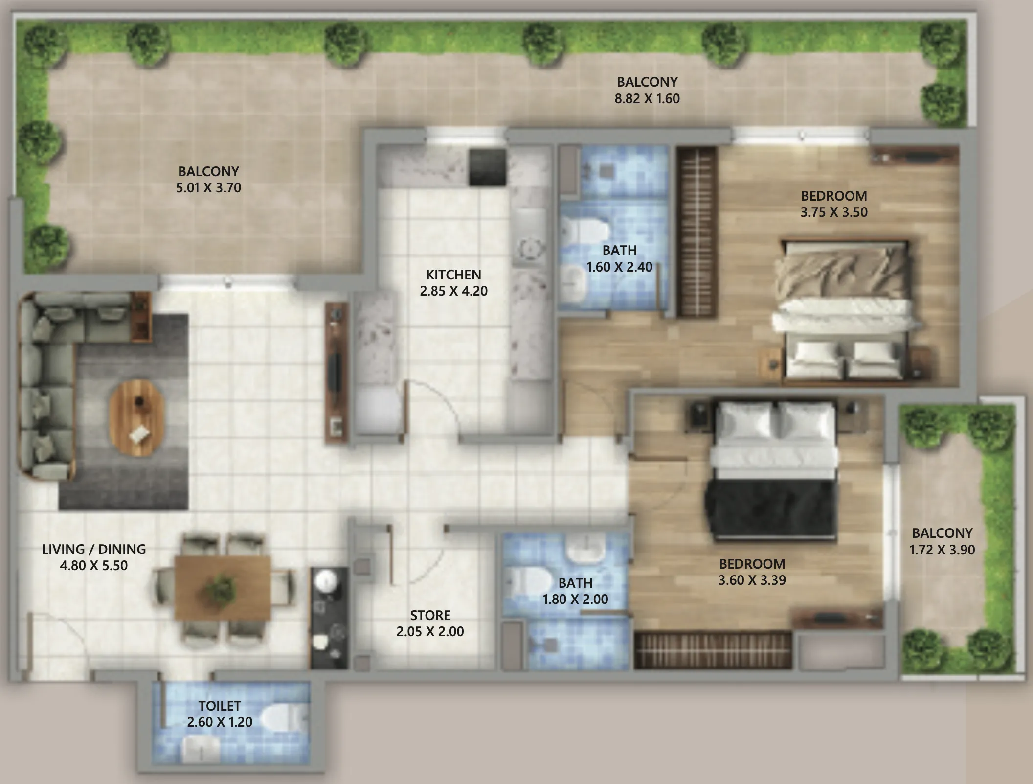 Linden Residences 2 bed floor plan, 1,514 sqft