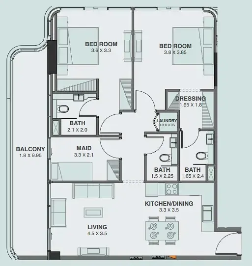 Floarea Oasis 2 bed floor plan, 1,236 sqft