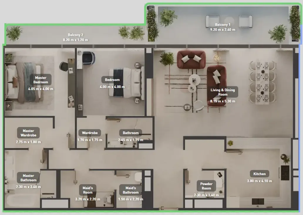Luluat Marina at Luluat Al Raha 2 bed floor plan, 2,039 sqft