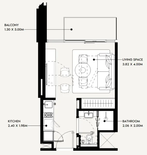 Jaddaf Beach Oasis Studio floor plan, 319 sqft