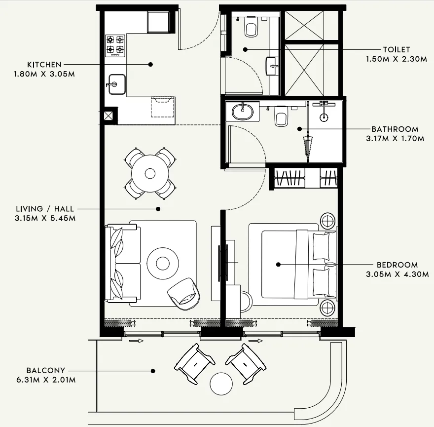Azizi Venice 1 bed floor plan, 729 sqft