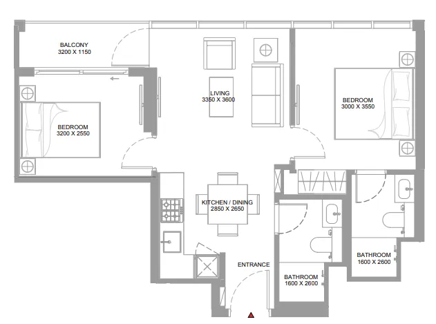 Canalside Marina Residences 2 bed floor plan, 653 – 655 sqft